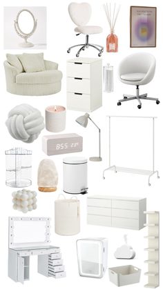 a collage of white furniture and accessories