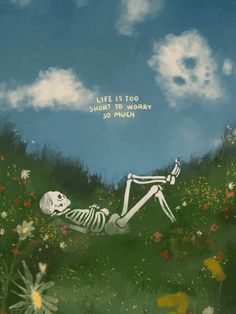 a painting of a skeleton laying on the ground in a field with daisies and flowers