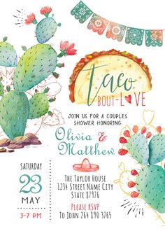 a watercolor drawing of a mexican themed party with cactus and sombrero on it