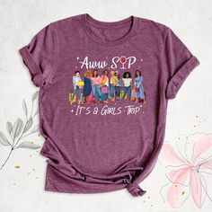 "Aww Sip It's A Girls Trip Shirt, Ladies Group Vacation Tee, Matching Girls Shirts, Black Women Trip Shirt, Girls Cruise Shirt, All Girls Tee Hello, Thanks for your support. Your gladness comes first and all work is done with Love in here. Always keep your support, please:) Matching Girls Trip Shirts are branded Bella+Canvas.  Matching Girls Trip Shirt  Contents: - Solid colors: %100 Cotton.  - Heather colors: %52 Cotton + %48 Polyester* This ultra-soft graphic tee is made from a comfortable cotton-poly blend that is breathable, non-shrinking, and lasts longer than your average graphic shirt. HOW TO ORDER YOUR MATCHING GIRLS TRIP SHIRT  -Please, Check and Review all  Matching Girls Trip Shirt Photos. -Select Your Matching Girls Trip Shirt T-Shirt Size and Matching Girls Trip Shirt T-Shirt Relaxed Fit School Tops, Casual Purple School Top, Girls Trip Airport, Group Vacation, Ladies Group, Womens Group, Trip Shirts, Purple Tops, Soft Graphic