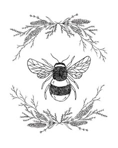 a black and white drawing of a bee surrounded by plants