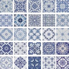 blue and white tiles with different designs on the sides, all in different shapes and sizes