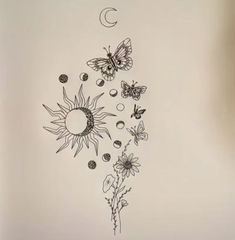 a drawing of flowers and butterflies on a white wall with the moon in the background