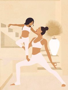 two women doing yoga in front of a vase