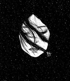 a black and white drawing of a person's face in the middle of space