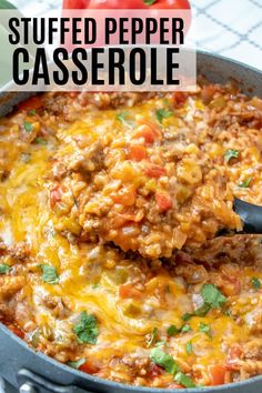 a skillet filled with stuffed pepper casserole