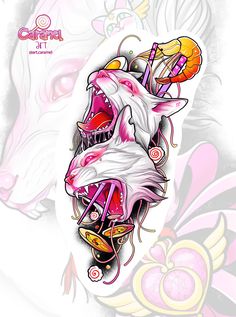 an artistic tattoo design on the back of a woman's head, with pink and yellow accents