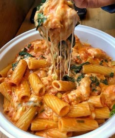 a pasta dish with spinach, cheese and sauce being lifted from a white bowl