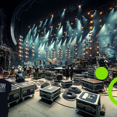 a group of people standing in front of a stage with lots of lights on it