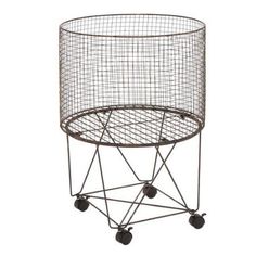 a metal wire basket with wheels on the bottom and one wheel attached to the top