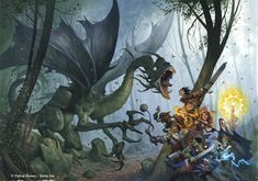 an image of a group of people in the woods with dragon like creatures surrounding them