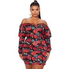 Puff Sleeve Dress Chic Rose Print Dress For Night Out, Chic Night Out Dress With Rose Print, Chic Rose Print Mini Dress For Parties, Off-shoulder Floral Print Mini Dress For Night Out, Black Rose Print Dress For Night Out, Puff Sleeve Bodycon Dress, Leslie Sidora, Outrageous Fashion, Bardot Bodycon Dress