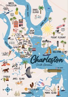 Illustration of Charleston as a map in pink and blue. Lots of smaller illustrations pin pointing different locations. Charleston Bucket List, Collage Of Charleston, Things To Do In South Carolina, Charleston South Carolina Things To Do, Charleston Wallpaper, Things To Do In Charleston Sc, Charleston South Carolina Aesthetic, Charleston Sc Aesthetic, Charleston Vibes