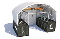 two shipping containers under a white tent with crane in the middle and another container below