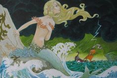 a painting of a mermaid sitting on top of a wave