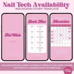 This sassy pink retro calendar template is an Instagram story must-have for busy nail techs! Instantly organize upcoming services and bookings with this cute Instagram story appointment calendar template bundle which includes two story covers, weekly schedule story page and 12 month calendar which go from November 2023, to October 2024. Each template is fully customizable on Canva - these templates make scheduling appointments a breeze! Once you have placed your order you will receive a PDF down Appointments Available This Month, Nail Tech Booking Calendar, Weekly Availability Template, Nail Schedule Template, Nail Tech Availability Calender, Nail Appointments Available Template, Nail Tech Templates, Fully Booked Appointments, Nail Calendar