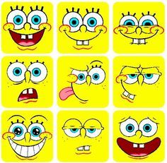 cartoon faces with different facial expressions on yellow squares, all smiling and making funny faces