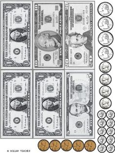 dollar bills and other money are arranged in rows