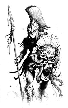 a black and white drawing of a man holding a spear with an animal on it