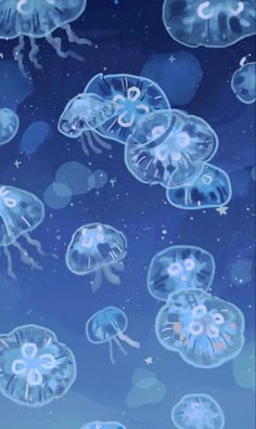 many jellyfish are floating in the blue water with bubbles and stars around them on a dark blue background