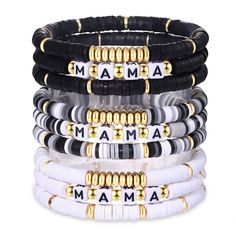 PRICES MAY VARY. Heishi beaded bracelets set,It features 9pcs mama bracelets adorned with 6mm black,white and gray polymer clay vinyl disc beads and with White & Black Letter Beads spelling "MAMA",They're set on a stretch base to effortlessly slip on and off as you go about your day. Wear them stacked together or layered with other preppy bracelets for a chic summer vibe These colorful beaded bracelets preppy jewelry is the perfect way to add a beautiful detail to your favorite outfits this seas God Clay Bead Bracelet, Polymer Clay Beads Ideas, Black Heishi Beads Stretch Bracelet As Gift, Trendy Personalized Heishi Beads Stretch Bracelet, Custom Name White Heishi Beads Bracelets, Mama Heishi Bracelet, Custom Name White Heishi Beads Jewelry, Clay Bead Jewelry, Bracelet Preppy