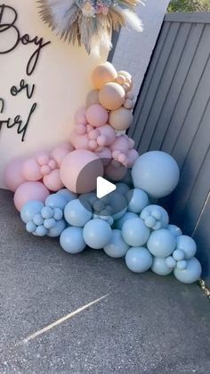 a bunch of balloons are in front of a sign that says boy or girl on it