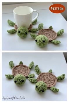 crocheted sea turtle coasters with coffee cup holder and mug cozyie pattern