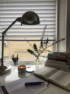 an open book on a desk next to a lamp and some other books in front of a window