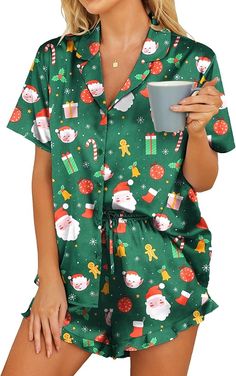 Womens Satin Pajamas Set Button Down 2 Piece Silk Pjs Shorts Set Ruffle Lingerie Notch Collar Sleepwear Pjs Shorts, Pijama Satin, Satin Pajamas Set, Silk Pjs, Womens Christmas Pajamas, Bridesmaid Pajama Set, Satin Pajama Set, Cute Pajama Sets, Satin Pajama