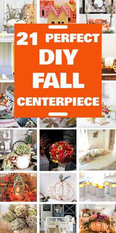 the words 21 perfect diy fall centerpieces are shown in orange and white