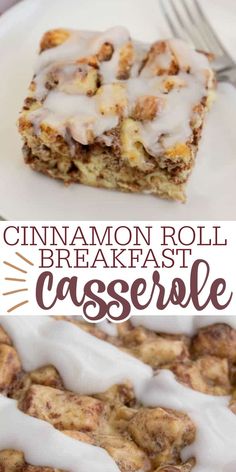 cinnamon roll breakfast casserole on a white plate