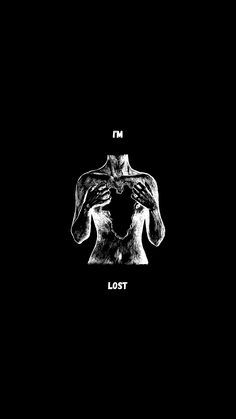 a black and white photo with the words lost on it's chest, in front of a dark background