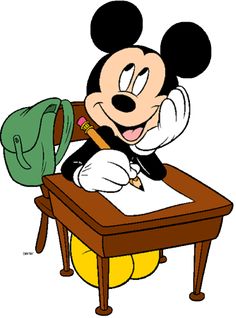 a cartoon mickey mouse sitting at a desk writing