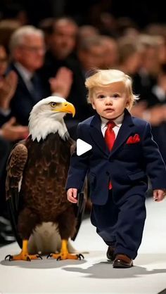 a little boy in a suit walking with an eagle on the runway at a fashion show