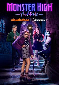 the poster for monster high, which features two women in costumes and one man standing on stairs