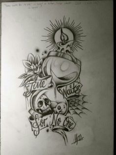 a drawing of a skull and flowers with the words time to wake for no one