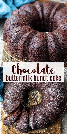 chocolate buttermik bundt cake on a wire rack with the words chocolate buttermik bundt cake above it