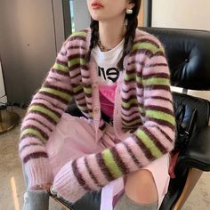 Taika Fuzzy Striped Mohair Knitted Cardigans Knitted Mohair Sweater, Ombre Yarn Projects, Knitted Striped Sweater, Pastel Winter Outfit, Pink Cardigan Outfit, Pink Fall Outfits, Mohair Crochet, Knit Cardigan Outfit, Pink Knit Cardigan