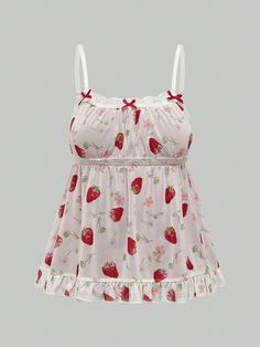 Women Strawberry Print Contrast Lace Vacation Style Spring/Summer Camisole Top, School Red Casual   Mesh Fabric Fruit&Vegetable,All Over Print Cami Medium Stretch  Women Clothing, size features are:Bust: ,Length: ,Sleeve Length: Red Boho, Lace Splicing, Strawberry Print, Bridesmaid Outfit, Style Spring, Vacation Style, Look Chic, Clothes Gift, Cami Tops