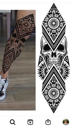 a woman's leg with black and white tattoos on it, next to an image of