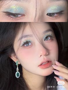 Xiaohongshu Makeup, Teal Eye Makeup, Teal Eyeshadow, Teal Makeup, Disco Makeup, Inspo Makeup, Chinese Makeup