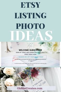 an advertisement with flowers on it and the words etsy listing photo ideas