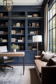 a living room filled with furniture and bookshelves next to a large open window