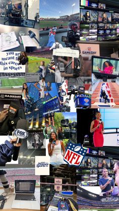 a collage of photos with people and sports related items, including laptops, tennis balls, television screens, and advertisements