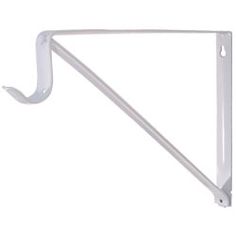 a white metal shelf bracket with two hooks on each side and one hook at the top