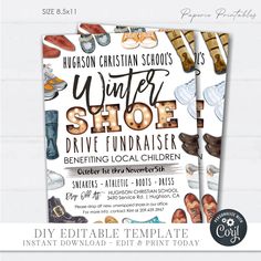 the flyer for an event with shoes on it and other items to be used in this project