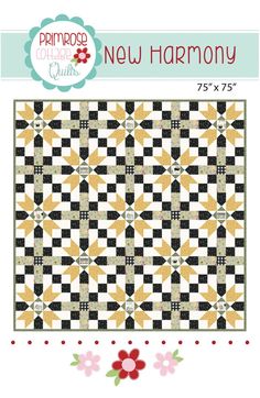 the new harmony quilt pattern is shown in black, yellow and white with flowers on it