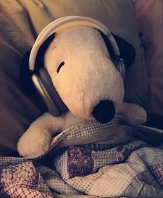 a stuffed dog wearing headphones on top of a bed