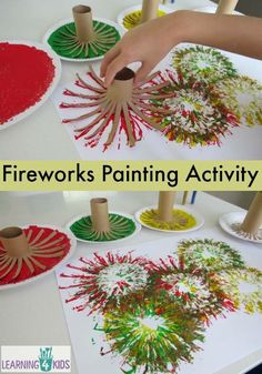 fireworks painting activity for kids to do with paper plates and toilet roll holders on the table