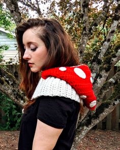 Make an adorable mushroom balaclava with this crochet pattern! Keep cozy and warm on your winter forest hikes...or your trip to the grocery store, because you deserve to dress like a mushroom every dang day. A video tutorial is included for part of this pattern! The link to the video is within the PDF. Read more on our blog! Pattern level: advanced (or ambitious) beginner. Must be comfortable sewing on small pieces and working both in rows and in the round. The trickiest bit is included in the video. You will also need to know how to crochet a dc foundation row, this pattern will not teach you how. Sizes included: one size, fits nearly all teens & adults, however it is extremely easy to adapt this to a larger or smaller size. Materials needed:- super bulky (weight 6) yarn- 5mm and 6mm hook Mushroom Headband Crochet, Mushroom Sweater Pattern, Crochet Mushroom Sweater, Crochet Mushroom Hat Free Pattern, Crocheted Hood, Crochet Mushroom Hat, Crochet Pattern Mushroom, Hood Crochet Pattern, Crochet Forest